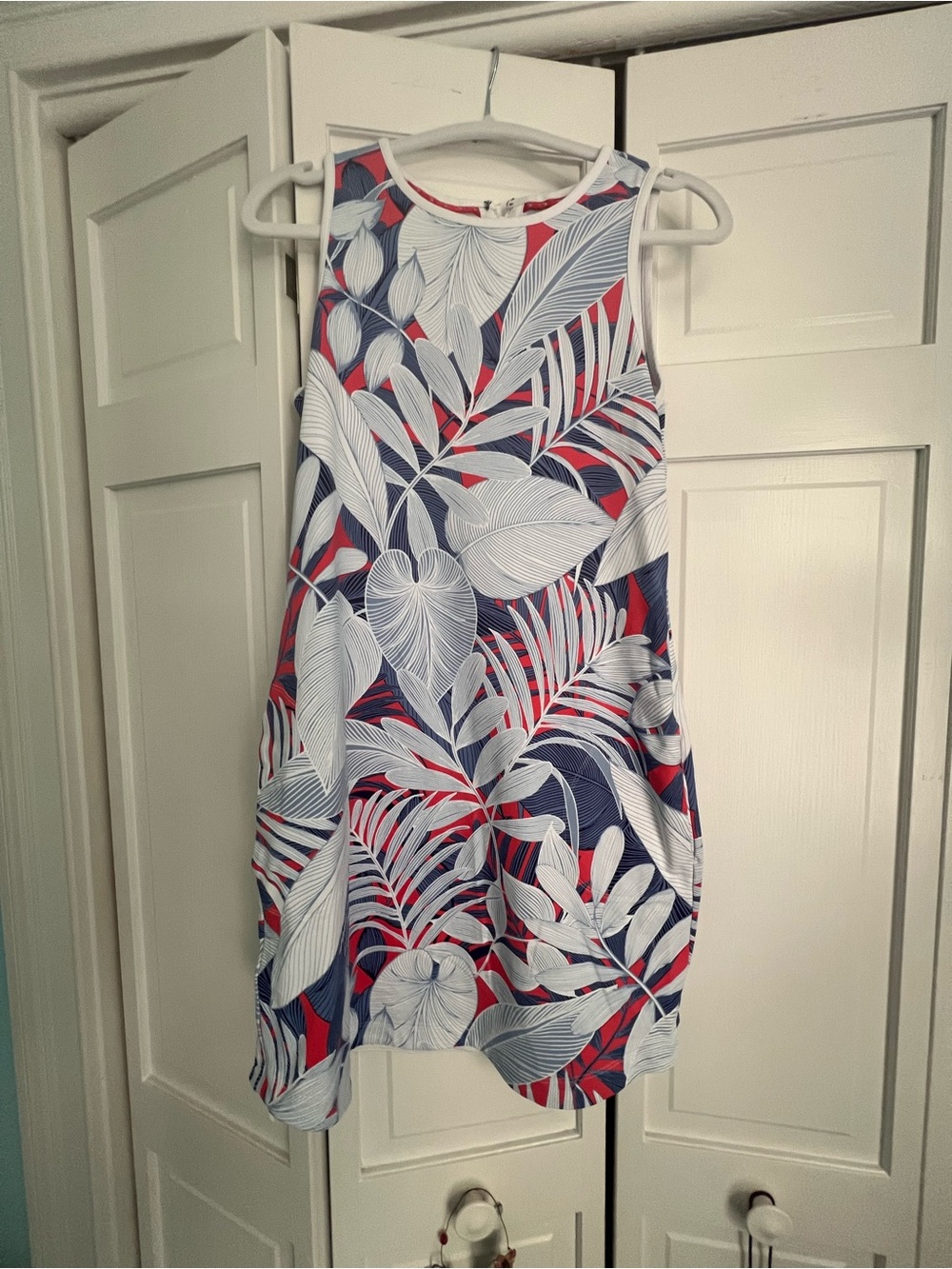 Tommy Bahama White Shift Dress with Blue Tropical Leaf Print